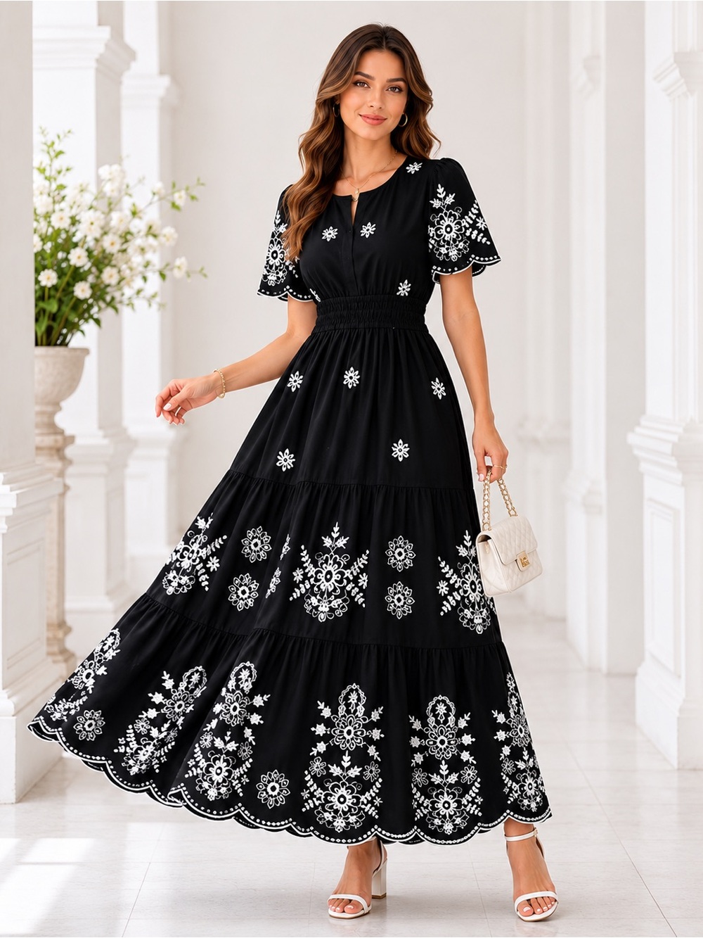NEW -  Blck & White Boho Embroidered Maxi Dress with Pockets